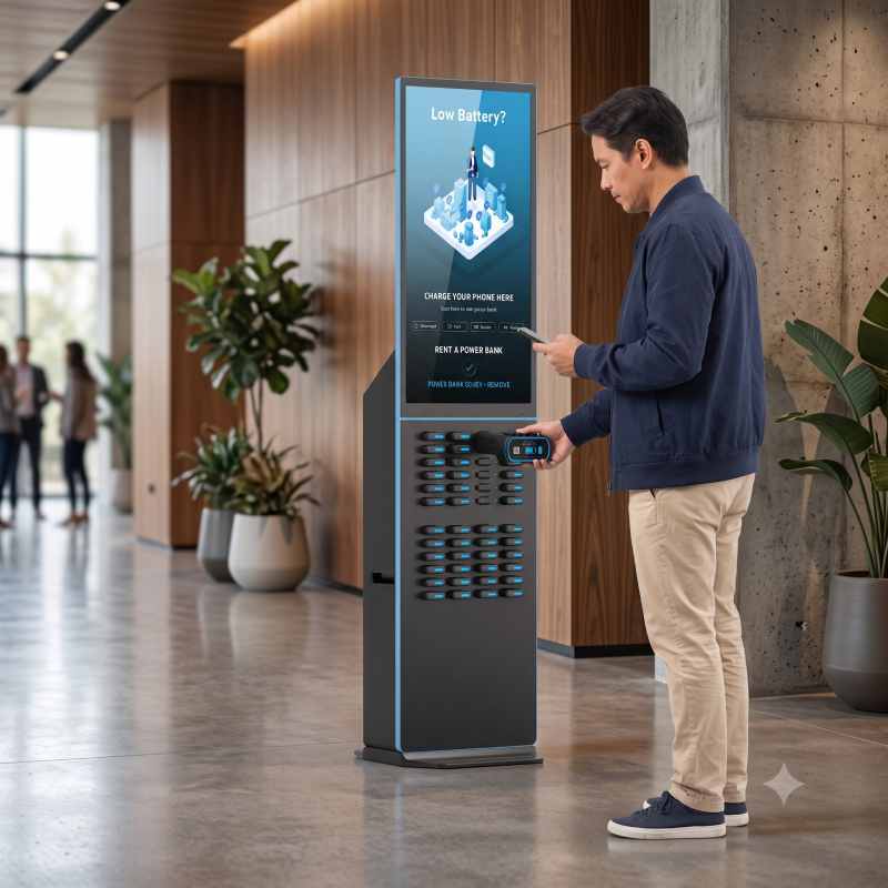 Persona tomando un cargador portátil de una estación POWER2GO